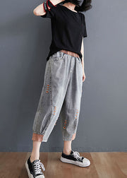 French Orange Elastic Waist Patchwork Hole Pockets Cotton Crop Pants Summer