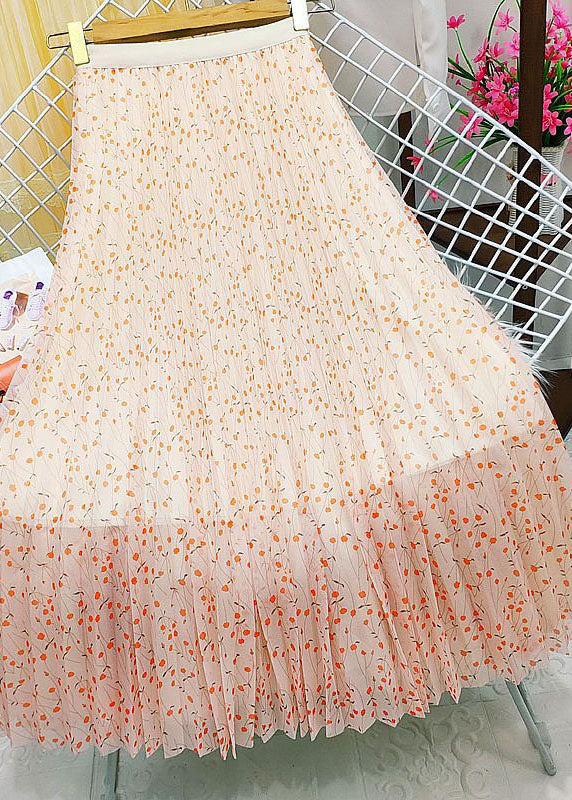 French Orange Elastic Waist Print Tulle Pleated Skirt Summer