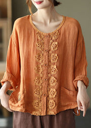 French Orange Embroidered Hollow Out Patchwork Fall Linen Top