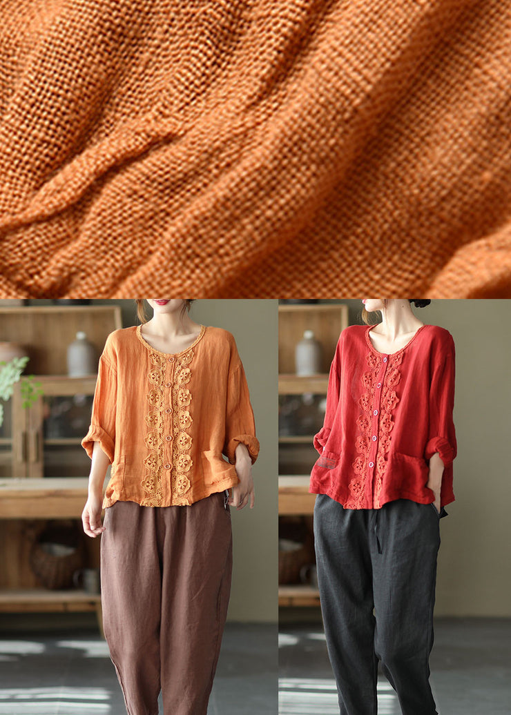 French Orange Embroidered Hollow Out Patchwork Fall Linen Top