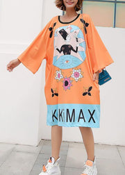 French Orange Graphic Cotton Loose Summer Long Dress - SooLinen