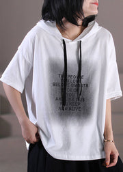 French Orange Hooded Letter Print Cotton Pullover Streetwear Short Sleeve