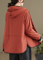 French Orange Hooded Pockets Cotton Filled Parka Winter