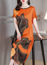 French Orange O Neck Print Patchwork Silk Dress Short Sleeve
