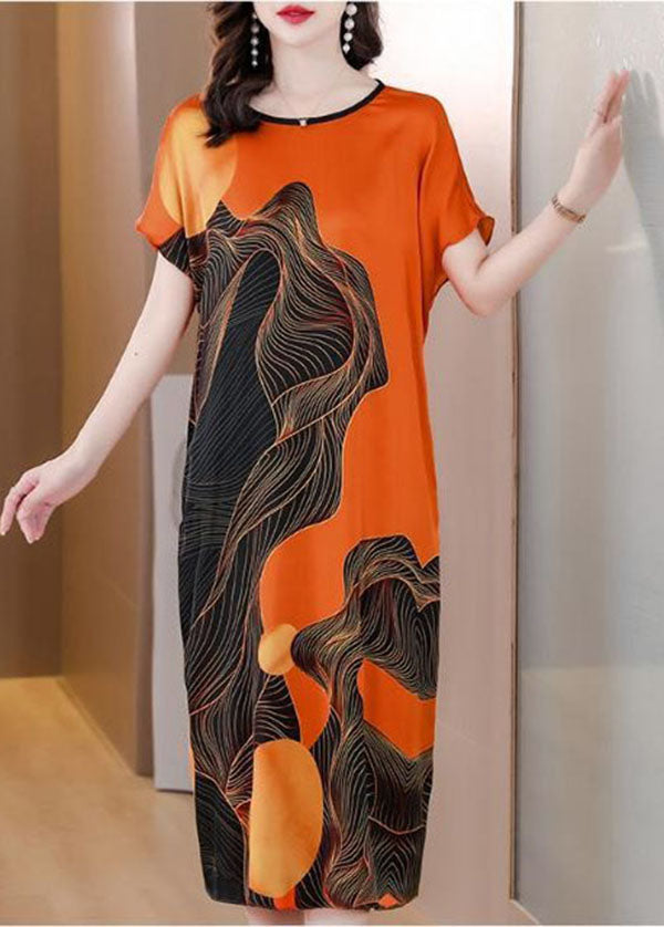 French Orange O Neck Print Patchwork Silk Dress Short Sleeve