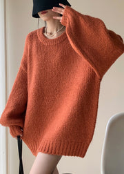 French Orange O Neck Thick Knit Sweater Tops Batwing Sleeve