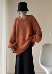 French Orange O Neck Thick Knit Sweater Tops Batwing Sleeve