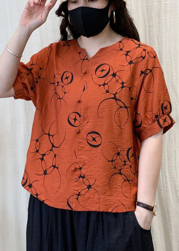French Orange Oversized Print Linen Shirt Tops Summer