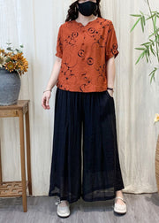 French Orange Oversized Print Linen Shirt Tops Summer