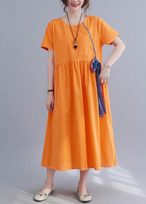 French Orange Patchwork Button Party Summer Cotton Linen Dress - SooLinen