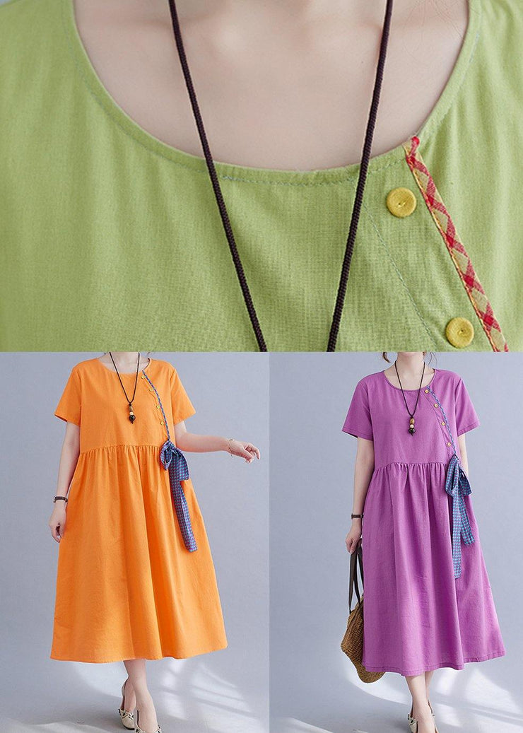 French Orange Patchwork Button Party Summer Cotton Linen Dress - SooLinen