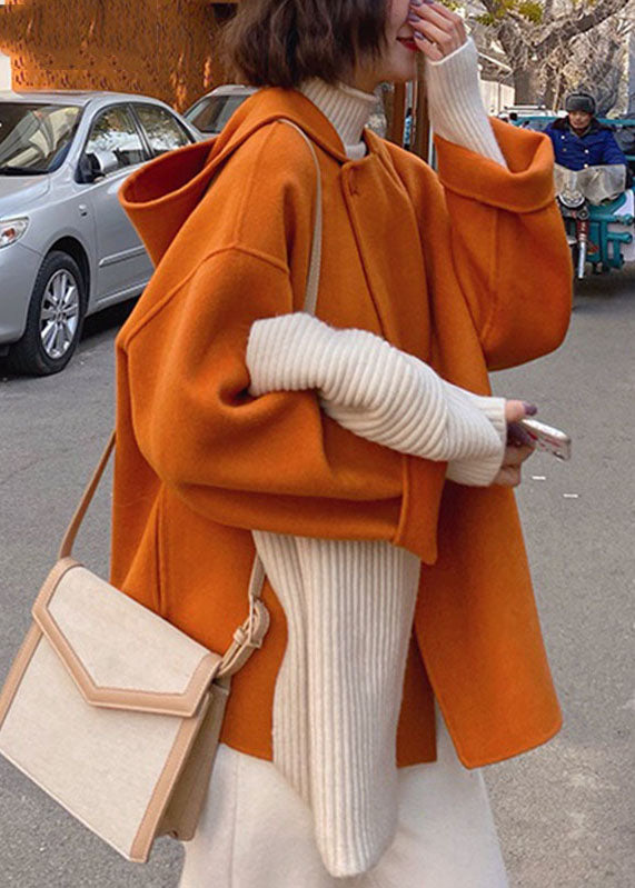French Orange Patchwork Woolen Hooded Coat Fall