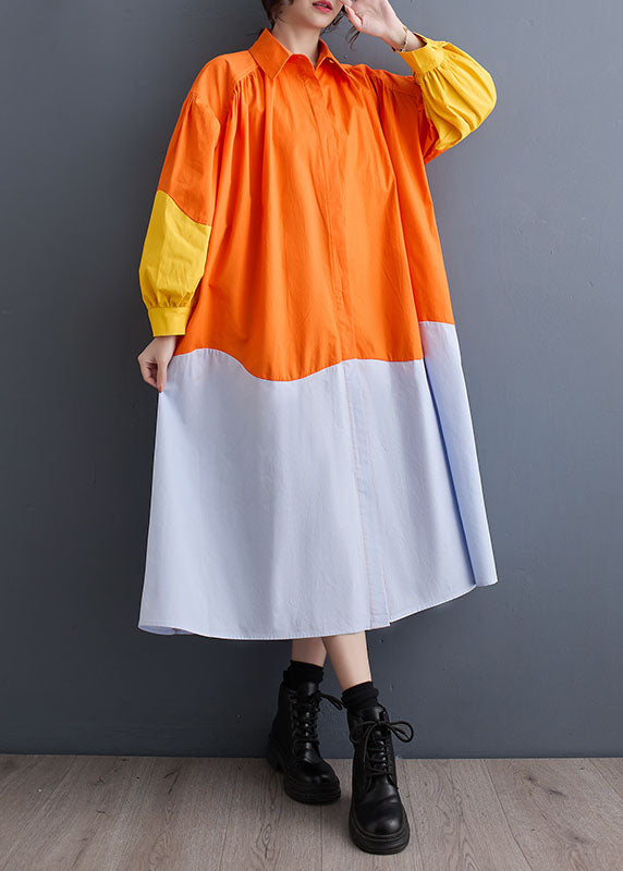 French Orange Peter Pan Collar Patchwork Wrinkled Maxi Shirts Dresses Spring