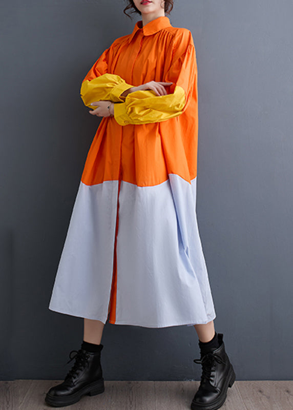 French Orange Peter Pan Collar Patchwork Wrinkled Maxi Shirts Dresses Spring