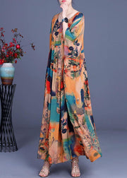 French Orange Print Button Batwing Sleeve Silk Summer Maxi Dresses - SooLinen