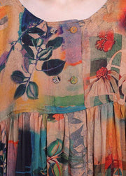 French Orange Print Button Batwing Sleeve Silk Summer Maxi Dresses - SooLinen