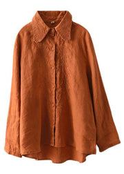 French Orange Retro Peter Pan Collar Button Fall Linen Shirt Tops Long Sleeve - SooLinen