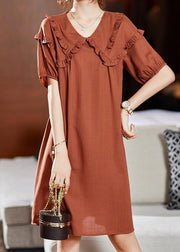 French Orange Ruffled Patchwork Silk Mid Dresses Summer