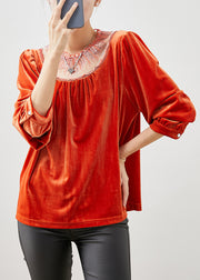 French Orange Sequins Patchwork Silk Velour Shirts Fall