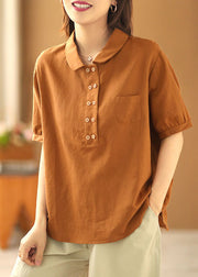French Orange Solid Color Turn-down Collar Double Breast Cotton Blouses Short Sleeve