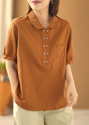 French Orange Solid Color Turn-down Collar Double Breast Cotton Blouses Short Sleeve