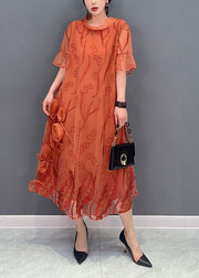 French Orange Stand Collar Embroidered Tulle Dresses Summer