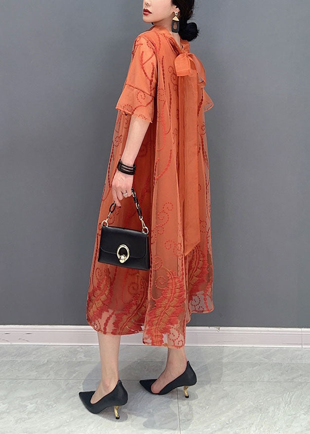 French Orange Stand Collar Embroidered Tulle Dresses Summer