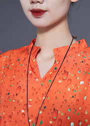 French Orange Stand Collar Oversized Print Silk Two-Piece Set Bracelet Sleeve