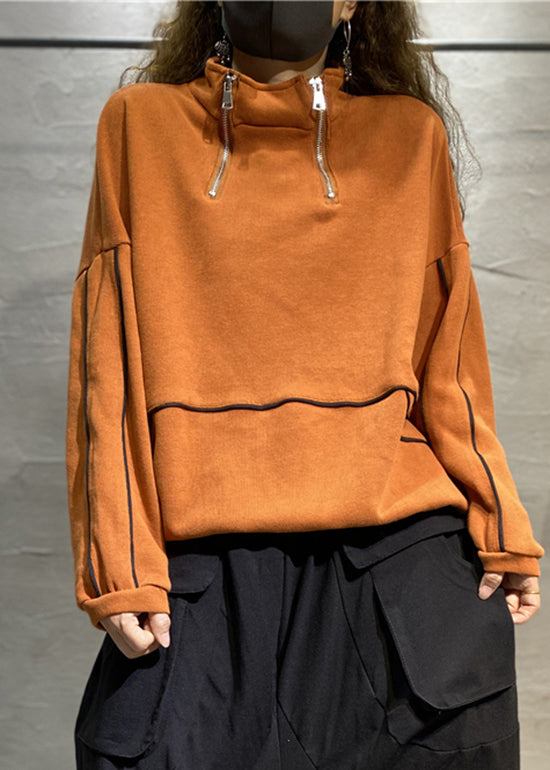 French Orange Stehkragen Zip Up Patchwork Sweatshirts Top Spring