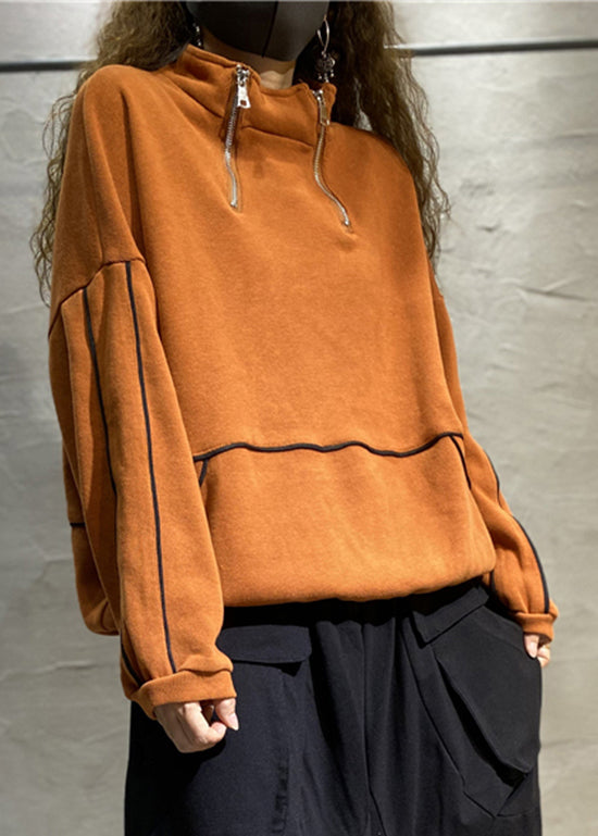 French Orange Stand Collar Zip Up Patchwork Sweatshirts Top Spring