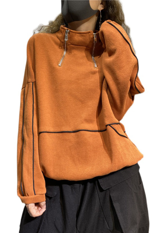French Orange Stand Collar Zip Up Patchwork Sweatshirts Top Spring