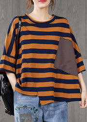 French Orange Striped O Neck Patchwork Cotton T Shirt Top Summer