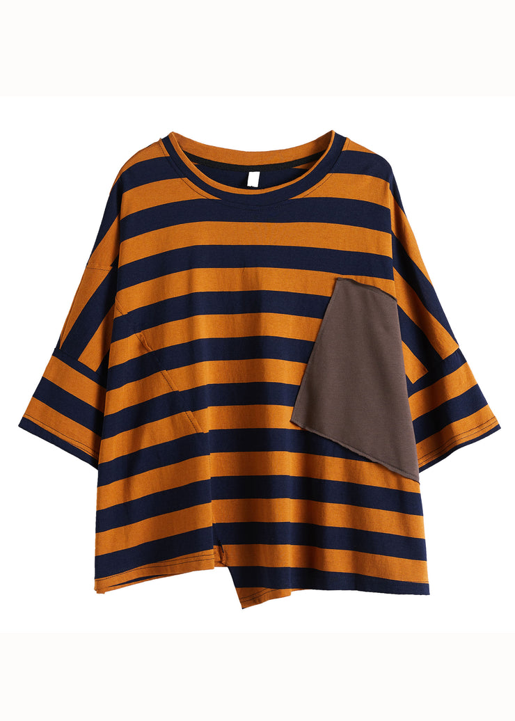 French Orange Striped O Neck Patchwork Cotton T Shirt Top Summer