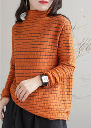 French Orange Turtle Neck Striped Knit Sweater Tops Winter