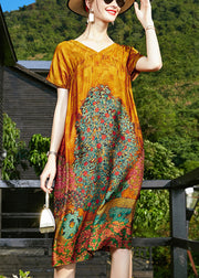 French Orange V Neck Backless Print Silk Dress Short Sleeve