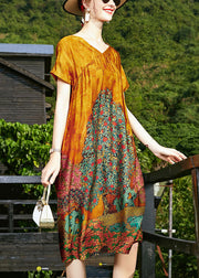 French Orange V Neck Backless Print Silk Dress Short Sleeve