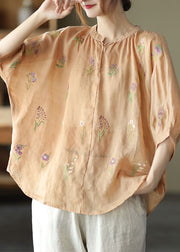 French Orange low high design O-Neck Embroidered Linen Tops Half Sleeve