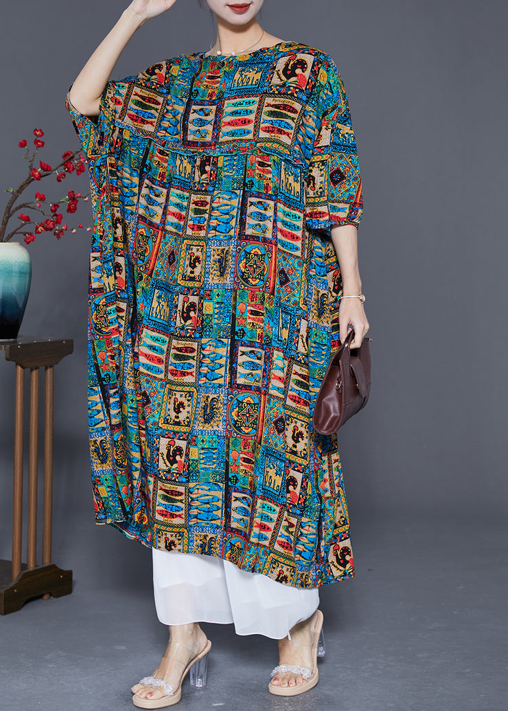 French Oversized Ruffled Abstract Print Cotton Maxi Dress Summer