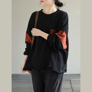 French Patchwork cotton Spring Long Shirts Work Outfits Black blouses - SooLinen