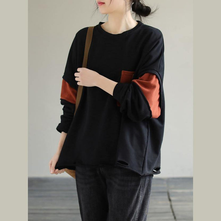 French Patchwork cotton Spring Long Shirts Work Outfits Black blouses - SooLinen