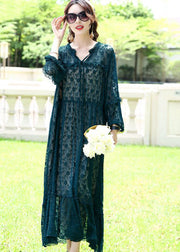 French Peacock Blue Ruffled Exra Large Hem Silk Long Dress Spring