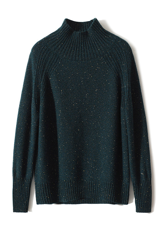French Peacock Green Hign Neck Thick Woolen Knit Pullover Fall
