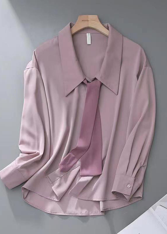 French Pink Bow Solid Chiffon Shirts Long Sleeve