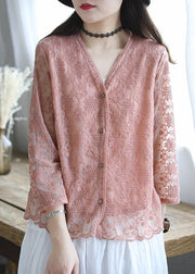French Pink Embroidered Cotton Loose Cardigans Long Sleeve