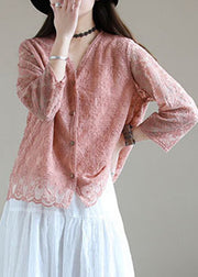 French Pink Embroidered Cotton Loose Cardigans Long Sleeve