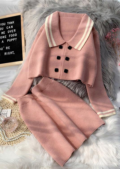 French Pink Knitted suit women's new short sweater Pullover skirt two piece set in early autumn 2021 - SooLinen