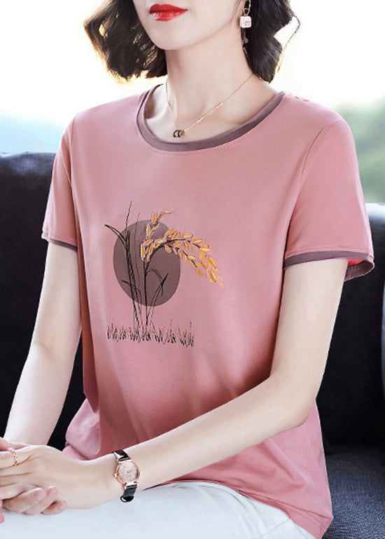 French Pink O-Neck Embroidered Patchwork Tanks Short Sleeve