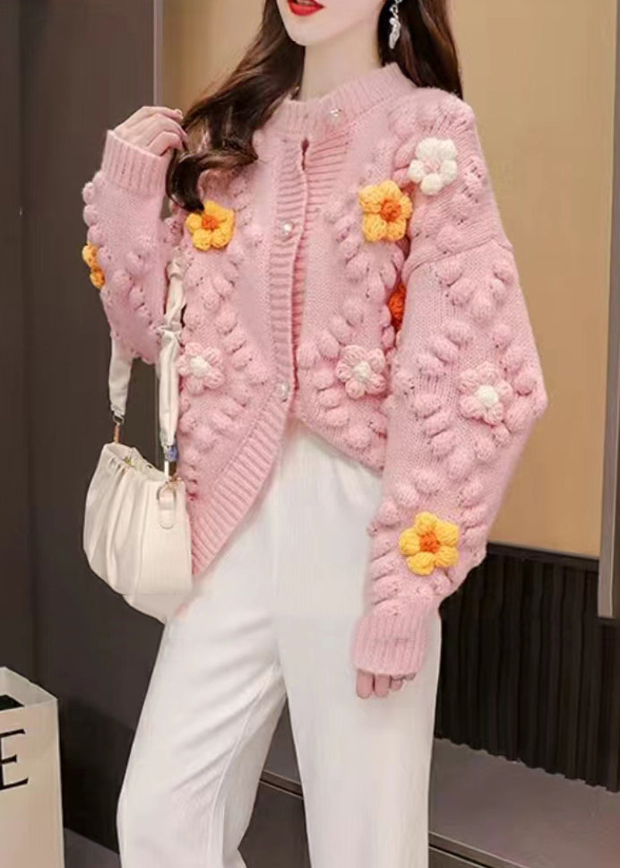 French Pink O Neck Floral Patchwork Knit Cardigan Fall