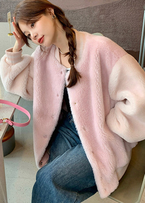French Pink O-Neck Patchwork Button Woolen Coats Winter