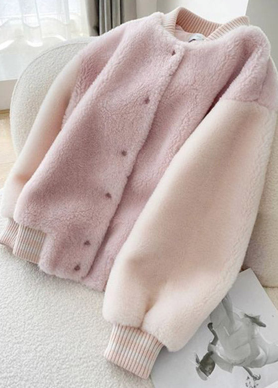 French Pink O-Neck Patchwork Button Woolen Coats Winter